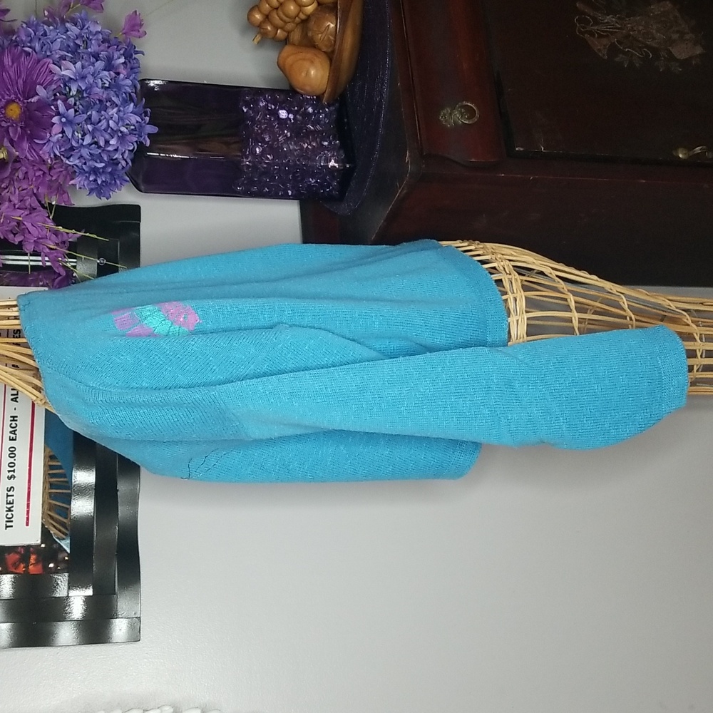 Large Aqua Blue Handpainted Fish Long Sleeve Light Knit Cotton Sweater - Picture 2 of 9